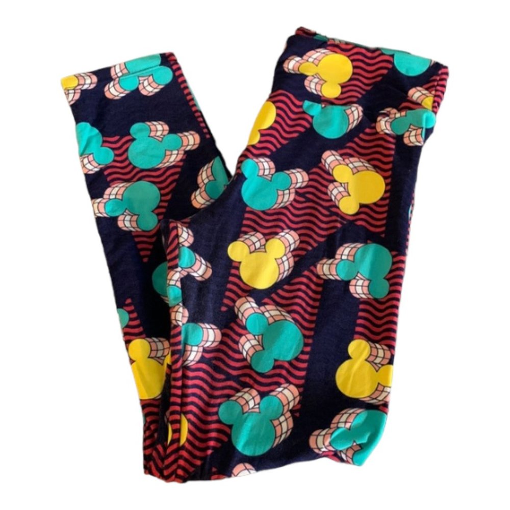 Lularoe Disney Mickey Mouse Leggings Navy Blue Teal Yellow GUC Size OS #025